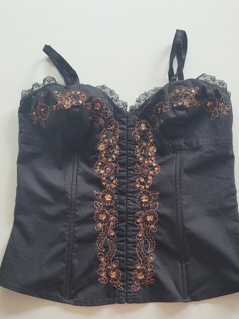 GUESS Black Y2K Corset Bustier Top Bronze Floral Embroidery Sequins Lace